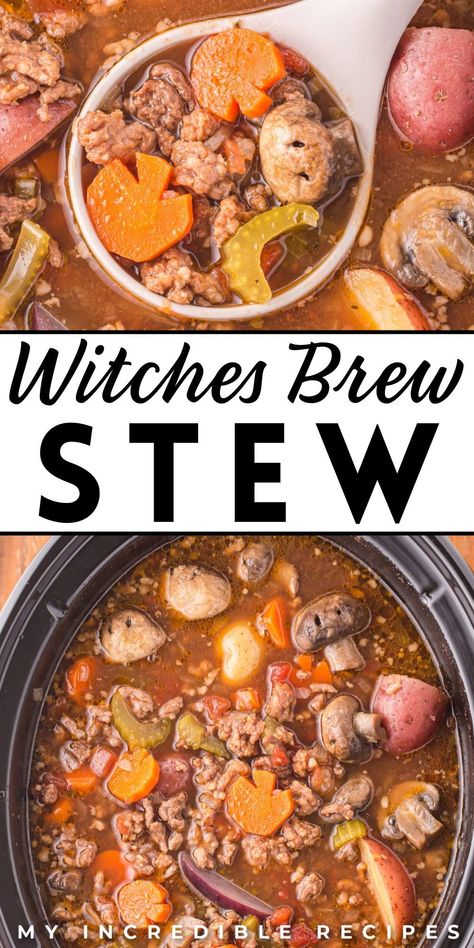 Craft a cauldron of Witches' Brew Stew, a hearty and enchanting dish perfect for conjuring up comfort on chilly nights. This mystical stew combines tender chunks of meat, root vegetables, and aromatic herbs, creating a rich and flavorful potion that warms both body and soul. Serve it in rustic bowls and garnish with a sprinkle of magic dust (paprika) or bat-shaped croutons for a spellbinding dining experience that's sure to cast a delicious spell on all who partake. Try this recipe! Witches Brew Beef Stew, Witch's Brew Stew, Witch’s Brew Stew, Witchy Soup Recipes, Witches Brew Stew Crock Pot, Witch Soup Recipe, Samhain Stew, Halloween Stew Recipes, Halloween Soups And Stews