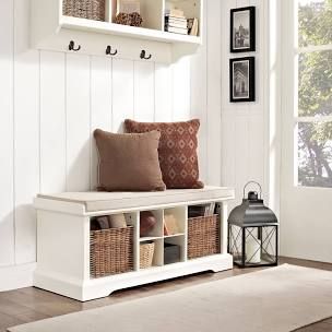 Crosley Brennan White Wood Entryway Storage Bench (White) Modern Entryway Storage, Bench With Baskets, White Bench Entryway, Entryway Bench Decor, Storage Bench With Baskets, Cubby Bench, White Storage Bench, Entryway Storage Bench, Hallway Storage Bench