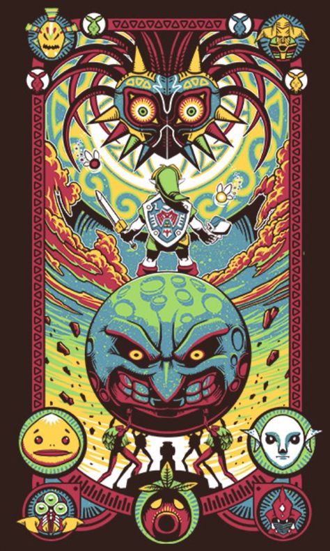 The Legend of Zelda Majora's Mask Mural Zelda Poster, Legend Of Zelda Poster, Marshmello Wallpapers, Zelda Tattoo, Majoras Mask, Link Zelda, Nintendo Art, Wind Waker, Zelda Art