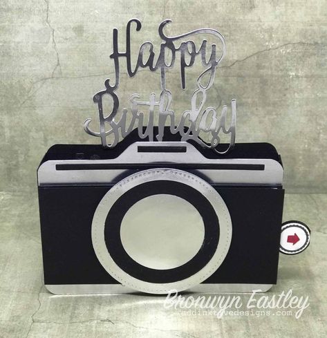 Camera Box Card with Slider | Cake Boxes Diy, Cricut Birthday Cards, Reuse Crafts, Box Cards Tutorial, Cricut Birthday, Card Folds, Anna Griffin Cards, Gift Box Template, Interactive Cards