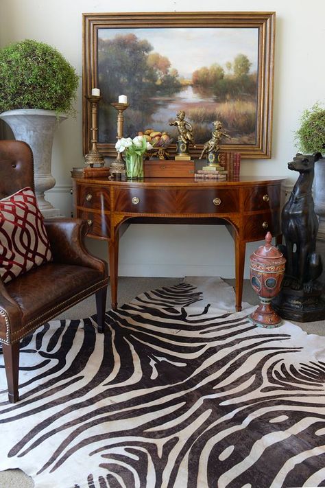 Zebra Hide Rug Living Rooms, Hide Rug Living Room, Zebra Carpet, Zebra Living Room, Zebra Hide Rug, Bar Lounge Room, Zebra Decor, Zebra Hide, Zebra Rug