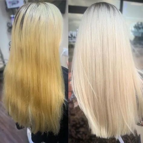 How To Keep Brassy Hair at Bay Purple Shampoo Before And After Blonde Hair, Hair Toner Before And After Blonde, Wells T18 Before And After, Before And After Toner Blonde, Toner Before And After Blonde, Brassy Blonde Hair Before And After, Toning Hair Before And After, Bleach Wash Hair Before And After, Purple Toner On Blonde Hair