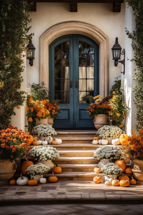 Autumn Entryway Decor: 25 Front Porch and Stair Decor Ideas for Thanksgiving Autumn Curb Appeal, Front Door Thanksgiving Decor Ideas, Autumn Porch Decor Front Entry, Thanksgiving Porch Decorating Ideas, Thanksgiving Front Porch Decor, Pumpkins Front Porch, Pumpkin Outdoor Decor, Thanksgiving Porch Decorations, Fall Front Steps