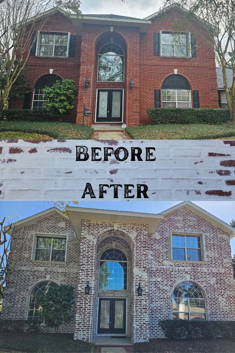 Limewashed Red Brick Exterior, Red Brick Home Makeover Exterior, Red Brick House Transformation, Red Brick German Smear, Red Brick Limewash Exterior, German Smear On Red Brick, Updating Red Brick House Exterior, German Smear Red Brick Exterior, Brick Smear Exterior