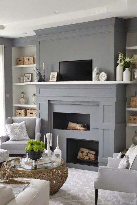 gray fireplace, popular paint, Westpear Interiors, home decor Painted Gray Fireplace, Painting Brick Fireplace Gray, Fireplace Color Ideas Paint, Light Gray Fireplace, Grey Painted Fireplace, Decor Fireplace Ideas, Gray Fireplace, Fireplace Paint, Brick Paint Colors