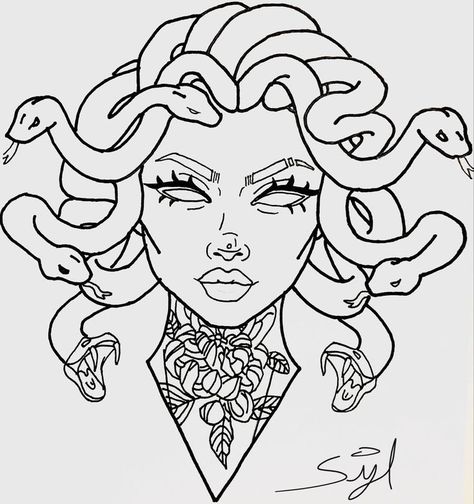 Medusa Line Art Simple, Medusa Drawing Tutorial, Medusa Drawing Simple Easy, Medusa Tatoos Simple, How To Draw Medusa, Simple Medusa Tattoo Outline, Cricut Outline Images, Easy Medusa Drawing, Medusa Sketch Drawing