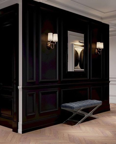 Hallway Panelling, Neoclassical Home, Moody Interior Design, Speakeasy Decor, Neoclassical Interior, Accent Walls In Living Room, Black Room, Dark Walls, Living Room Design Decor