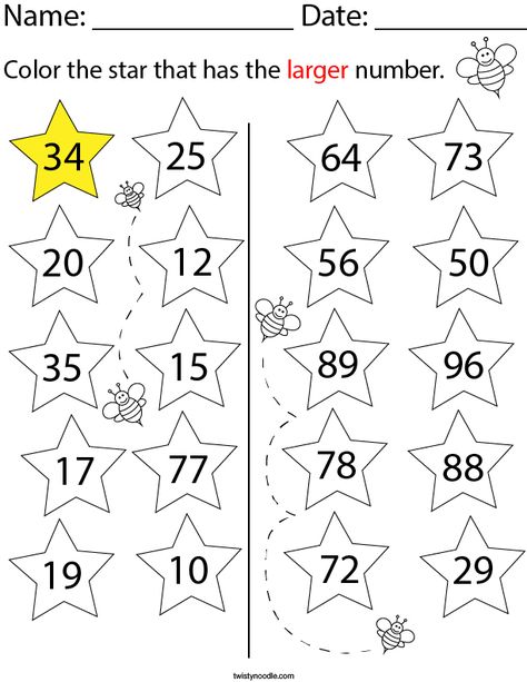 Color the star with the larger number Math Worksheet - Twisty Noodle Larger Number Worksheet, Random Activities, Preschool Counting Worksheets, Holiday Math Worksheets, Counting Worksheets For Kindergarten, Kindergarten Math Worksheets Addition, Number Worksheets Kindergarten, Kindergarten Math Worksheets Free, Kindergarten Addition Worksheets