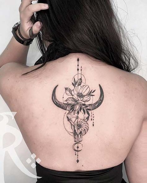 Mixed Element Magic Back Tattoo Taurus Tattoo Ideas, Bull Skull Tattoo, Tattoo Crane, Cow Skull Tattoos, Bull Skull Tattoos, Skull Tattoo Flowers, Feminine Skull Tattoos, Taurus Tattoo, Cow Tattoo