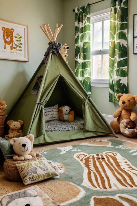 JungleSafari, KidsPlayroom, InteriorDesign, AdventurePlayroom Safari Kids, Wild Jungle, Leafy Plants, Kids' Playroom, Reading Nooks, Safari Adventure, Adventure Explore, Jungle Safari, Cozy Reading Nook