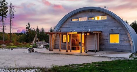 Breathtaking Quonset house is unlike any other Ontario home for sale right now Butcher Block Waterfall Island, Quonset Hut Homes Interior Floor Plans, Quonset Hut Home, Quonset House, Heated Concrete Floor, Ensuite Design, Quonset Hut Homes, Quonset Hut, Unusual Buildings