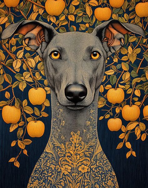 Step into a world of elegance and mystique with this stunning greyhound art print, featuring a regal whippet adorned with golden apples. This digital artwork captures the noble spirit of the greyhound, surrounded by a lush backdrop of golden fruits, adding a touch of magic to any space. Inspired by the timeless beauty of these graceful dogs, this illustration is perfect for dog lovers who appreciate both art and their beloved pets. Whether you are decorating a living room, an office, or a bedroo Whippet Illustration, Vintage Dog Illustration, Art Deco Dog, Whippet Art, Luxury Illustration, Dog Illustration Art, Greyhound Art, Dog Artwork, Dog Illustration