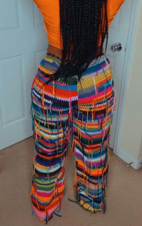 Thank you for your interest 🤗 PLEASE READ  These pants are 1 of a kind, based on my creative design. No pair will look like the next pair.  Drawstring Closure.  Model is 5'4" SIZING: Based on 32 inch Waist and 44 inch hip measurements....these should fit a Medium-Large  If you need larger or smaller sizing PLEASE message me to confirm info BEFORE placing your order.  (Waist, Hips, Height)  Handmade -Made to order ALL SALES ARE FINAL.  100% acrylic yarn  Hand or machine wash. No bleach Lay flat Crochet Scrap Yarn Pants, Scrap Pants, Crochet Fits, Pants Crochet, Crocheted Accessories, Crochet Outfits, Crochet Carpet, Crochet Pants, Crochet Clothing And Accessories