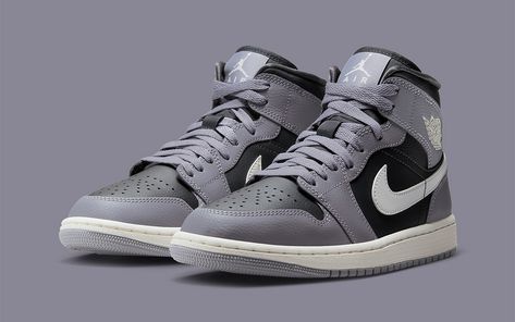 Air Jordan 1 Mid Black, Grey Jordans, Nike Jordan 1, Nike Air Jordan Shoes, Nike Fashion Shoes, All Nike Shoes, Unique Sneakers, Nike Air Jordan 1 Mid, Womens Air Jordans