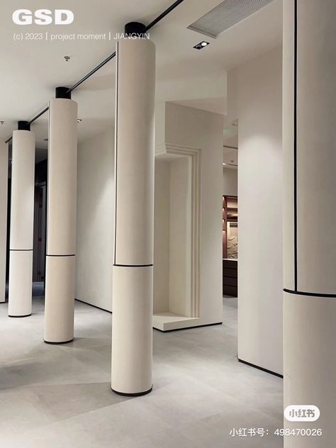 Minimalist Column Design, Pillar Lights Columns, Interior Corner Design, Circle Column Design, Interior Pillar Design, Column Design Exterior Architecture, Round Column Design Interior, Pillar Design Interior Columns, Modern Columns Interior