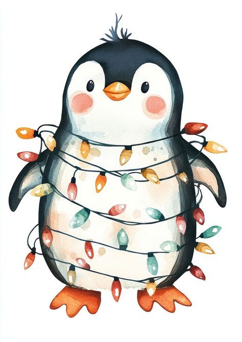 Penguin wrapped Christmas Lights illustration watercolor christmas. | free image by rawpixel.com / Aum Winter Penguin, Digital Art Christmas, Reindeer Drawing Cute, Cute Winter Illustration, Christmas Animal Art, Watercolor Penguins, Cute Penguin Aesthetic, Christmas Penguins, Cute Winter Drawings