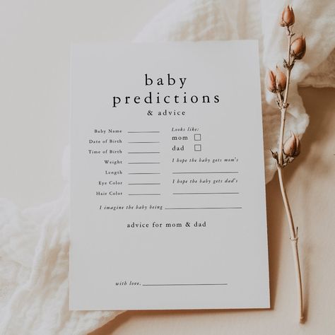 This boho baby predictions baby shower game card from the Emelia Collection is perfect for a minimal baby shower or baby sprinkle. The black and white design features modern unadorned typography with a unique minimalist style.  Order printed game cards and/or a printable version you can print locally or at home. Cute Baby Shower Activities, Baby Shower Prayers For Baby, Family Traditions Baby Shower Game, Baby Shower Decorations Gender Neutral, Showered With Love Baby Shower Theme, Can Bearly Wait Baby Shower Ideas Boy, Passive Baby Shower Games, Boy Baby Shower Activities, Black And White Baby Shower Theme