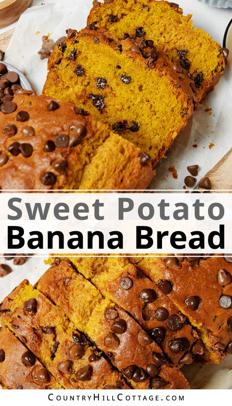 Homemade sweet potato banana bread is sweet, moist, perfectly spiced, and will fill your home with a wonderful scent. It’s so easy that you’ll want to bake it all the time and your family will love it. The loaf is incredibly moist and soft, bursting with the sweet aromas of bananas, sweet potatoes, chocolate chips, and spices in every bite. It’s comforting, homey qualities make this banana bread perfect for your fall baking, but it’s delicious any time of year. | CountryHillCottage.com Sweet Potato Banana Bread, Banana Sweet Potato, Sweet Potato Banana, Sweet Potato Chocolate, Easy Sweet Potato, Sweet Potato Bread, Chocolate Chip Bread, Potato Bread, Sweet Potato Pie