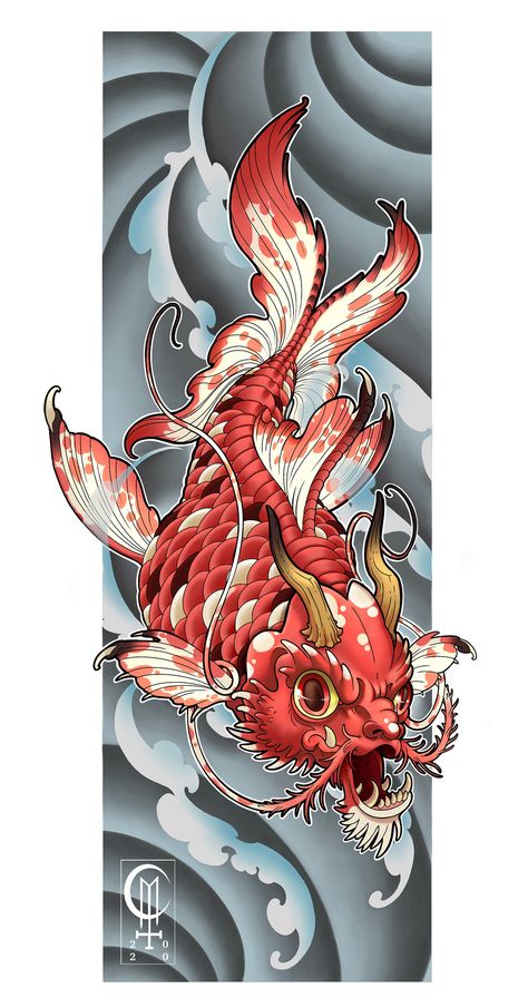 Maximalism Illustration, Koi Fish Japanese Art, Koi Fish Dragon, Pez Koi Tattoo, Dragon Koi Tattoo Design, Koi Fish Illustration, Dragon Koi Fish, Koi Dragon Tattoo, Japanese Koi Fish Tattoo