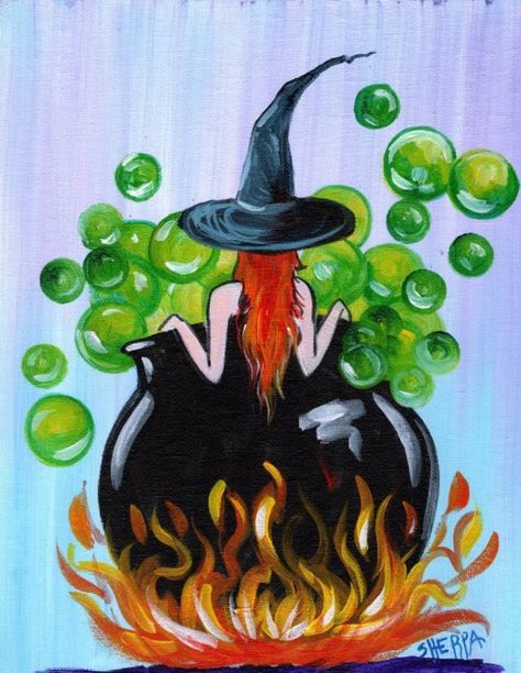 Witchy Cauldron Bath 13 Days Of Halloween Live Stream Painting Step By Step Day 11 | Theartsherpa - The Art Sherpa Community | The Art Sherpa Easy Witch Painting Canvas, Diy Canvas Art Painting Easy Halloween, Halloween Art Acrylic, Halloween Painting Inspiration, Cauldron Painting Ideas, Small Halloween Canvas Paintings, Halloween Abstract Art, Fun Halloween Paintings, Halloween Paint Night Ideas Step By Step