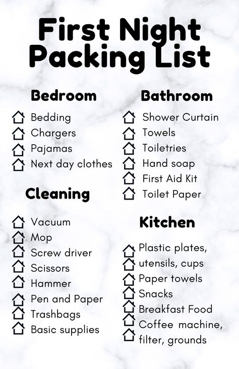 checklist for first night after moving Moving Bathroom Items, Packing Tips Moving Out Of State, Packing Quickly Moving Tips, House Packing Tips Moving, Packing List For Moving Out Of Parents House, Move In New House, First Day Move In Essentials, First Day Box For Moving, Moving Timeline Packing