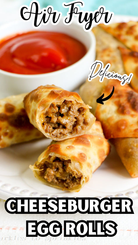 Are you ready to take your appetizer game to the next level? Say hello to these irresistible Air Fryer Cheeseburger Egg Rolls! Packed with all the classic flavors of a cheeseburger, these crispy egg rolls are a total crowd-pleaser. Plus, they’re super easy to make in your trusty air fryer, giving you that perfect golden-brown crunch without all the hassle of deep frying. Easy Air Fryer Cheeseburger Egg Rolls, Airfryer Cheeseburger Egg Rolls, Cheese Steak Egg Rolls Air Fryer, Keto Cheeseburger Egg Rolls, Quick Air Fryer Dinner Ideas, Easy Dinners Air Fryer, Cheeseburger Eggrolls Recipe Air Fryer, Ground Beef Egg Rolls Recipes, Ground Pork Egg Rolls