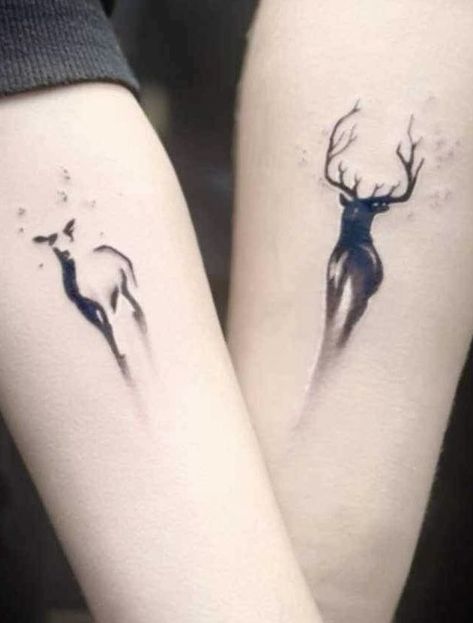 Deer Couples Tattoo, His And Hers Deer Tattoo, Matching Deer Tattoos, Deer Couple Tattoo, Tattoo Dla Par, Small Couple Tattoos Unique, Female Deer Tattoo, Couples Deer Tattoos, Tattoo For Couple