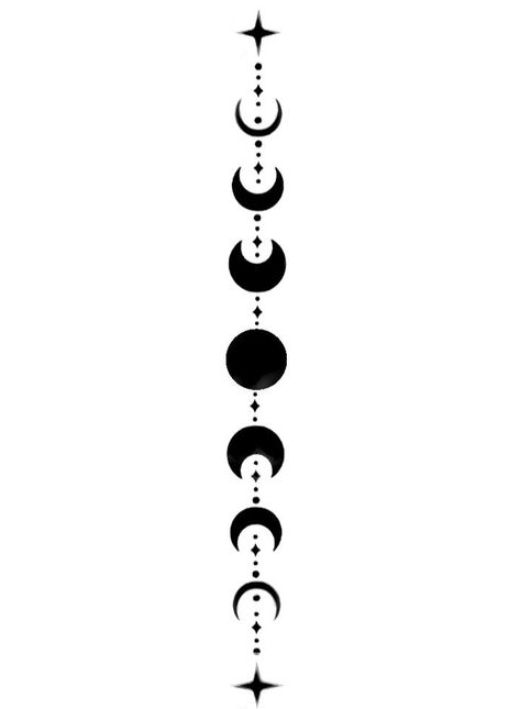 How To Draw Moon And Stars, Moon Fases Art, Vertical Moon Tattoo, Vertical Moon Phases Tattoo, Moon Phase Back Tattoo, Lunar Phases Tattoo, Luna Tattoo Design, Moon Tattoo Drawing, Lunar Cycle Tattoo