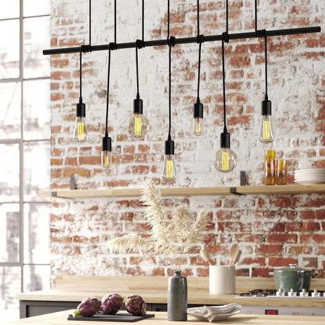 Hanging Edison Lights, Industrial Coffee Shop, Edison Bulb Chandelier, Salon Lighting, Black Kitchen Island, Pub Design, Ranch Decor, Light Kitchen Island, Edison Lighting