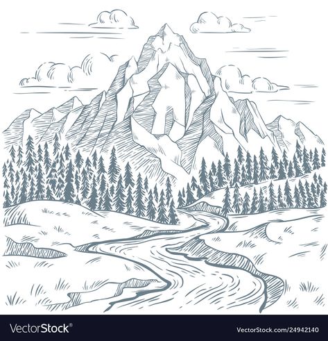 Mapping Design, River Logo, Mountain Sketch, Montana Art, Engraving Ideas, Mountain Drawing, Landscape Mountain, Mountain Valley, Color Drawing