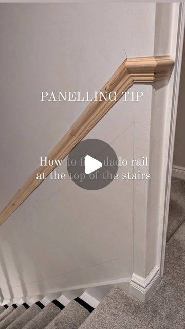 Staircase With No Railing, Diy Staircase Wall Makeover, Wall Paneling Up The Stairs, Chair Rail Staircase, Diy Stair Paneling, Dado Rail Staircase, Stairwell Ledge Decor, Dado Rail Stairs, Panelling Around Windows