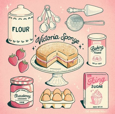 © Artist Eve Anderson, located in Edinburgh, Scotland • Eveandersondraws on Etsy • www.eveandersondraws.com • @eveandersondraws on Instagram Baking Ingredients Illustration, Eve Anderson Draws, Comfort Food Illustration, Pastry Drawing, Kitchen Illustration Art, Sugar Illustration, Bakery Drawing, Cute Food Illustration, Recipes Illustration