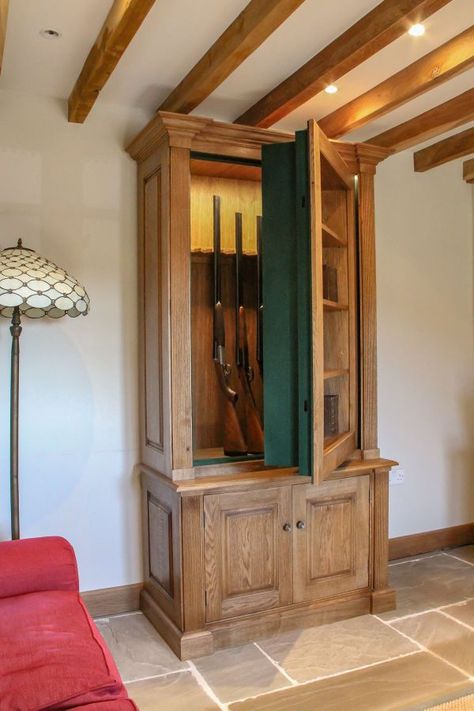 Diy Locking Cabinet, Built In Wall Safe Hidden Storage, Built In Humidor Cabinet, Hunting Cabinet, Shotgun Concealment Furniture, Secret Compartment Furniture, Military Gear Storage, Concealment Furniture, Hidden Cabinet