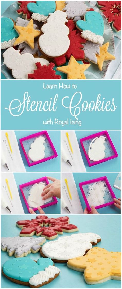 Learn How to Stencil Cookies with Royal Icing and Decorate Like a Pro The Bearfoot Baker Cookie Stencils Royal Icing, Airbrushed Cookies, Stenciled Cookies, Stencil Cookies, How To Decorate Cupcakes, Simple Stencil, Cookie Tips, Cookie Techniques, Cookie Decorating Icing