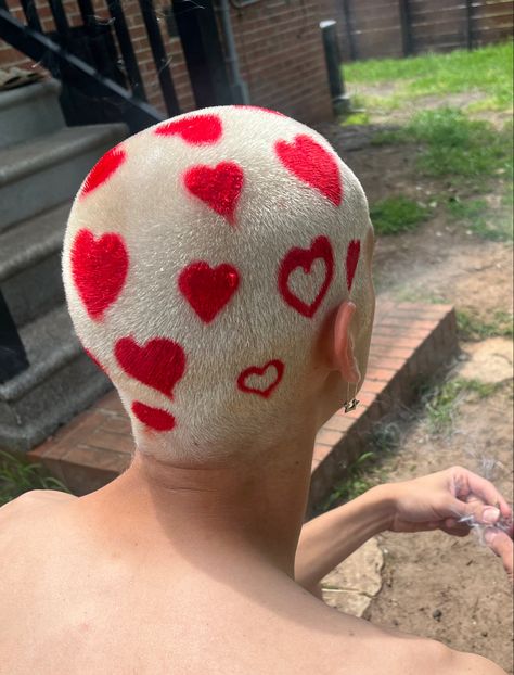 Shaved Head Women Design, Heart Shaved Head, Half Head Dyed Hair, Patterned Buzzcut, Heart Shaved Hair Design, Fade With Heart Design, Heart Buzzcut, Buzz Cut Dyed Hair Designs, Hair Dye Designs Shaved Head