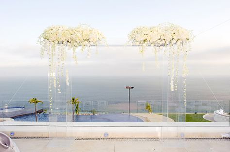 Acrylic Chuppah with White flowers - Rent yours today. 305 807 8014 Acrylic Wedding Arch, Acrylic Arch, White Wedding Ceremony, Beach Wedding White, Beach Wedding Decorations Reception, Wedding Arches, Ceremony Design, Arch Wedding, California Wedding Photography