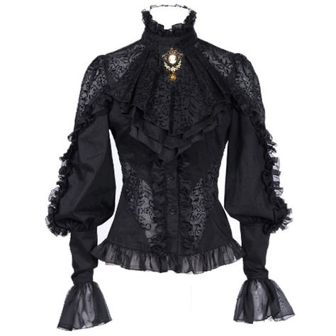 Black Cotton Neck Ruffle Shirt ❤ liked on Polyvore featuring tops, blouses, shirts, victorian, victorian ruffle blouse, gothic shirts, long-sleeve shirt, cotton shirts and victorian blouse Gothic Blouse, Slim Blouse, Victorian Blouse, Victorian Goth, Goth Women, Victorian Lace, فستان سهرة, Red Queen, Women Blouse