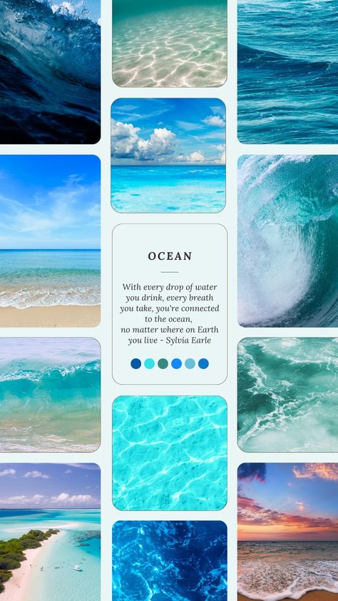 Ocean colours Mood Board Sea Inspiration, Ocean Moodboard, Fashion Design Inspiration Board, Mood Board Fashion Inspiration, Ocean Projects, Jungle Pattern, Collage Board, Blue Inspiration, Sea Theme