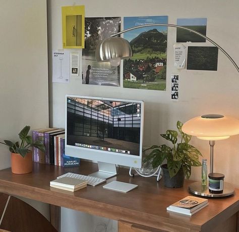 Desk Inspo Aesthetic Minimalist, Study Room Aesthetic, Wfh Aesthetic, Ruangan Studio, Study Desk Decor, Dekorasi Kamar Tidur, Study Room Decor, Aesthetic Rooms, Dream Room Inspiration