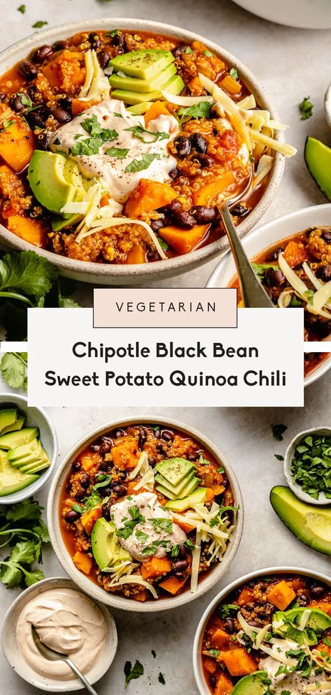 Black Bean Sweet Potato Chili, March Meals, Quinoa Chilli, Quinoa Chili Recipe, Sweet Potato Black Bean Chili, Black Bean Sweet Potato, Chipotle Black Beans, Potato Chili, Quinoa Chili