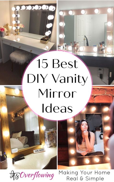 Cheap and Easy DIY Vanity Mirror Cheap Vanity Mirror With Lights, Diy Vanity Mirror With Lights Cheap, How To Make A Vanity Mirror With Lights, Diy Mirror Lights, Make Up Mirror Ideas, Cheap Mirror Ideas, Diy Makeup Vanity Cheap, Diy Makeup Mirror With Lights, Diy Lighted Vanity Mirror