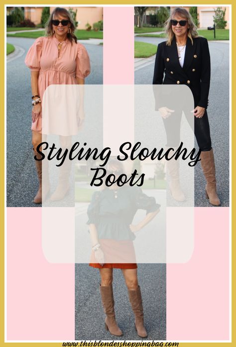 Styling Slouchy Boots - This Blonde's Shopping Bag Tall Slouchy Boots Outfit, How To Style Slouchy Boots, Slouchy Boots Outfit 2023, Black Slouchy Boots Outfit, Slouch Boots Outfit, Slouchy Boots Outfit, Riding Boot Outfits, Flat Riding Boots, Loose Fitting Pants