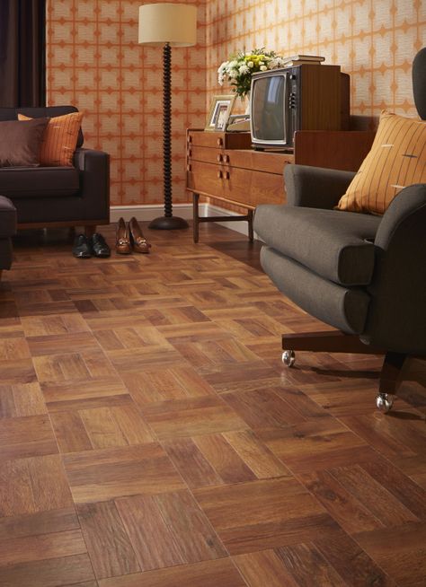 Auburn Oak Parquet 70s Flooring, 70s Cabin, Parkay Flooring, Wooden Floors Living Room, 70’s House, 1970s Interior Design, Living Room Vinyl, 70s Interior Design, Wood Floor Pattern