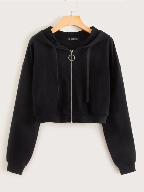 Zip Up Drawstring Hoodie | SHEIN Black Jeans Outfit, Stylish Hoodies, Trendy Dress Outfits, Cute Jackets, Hoodie Outfit, Black Zip Ups, Really Cute Outfits, Drawstring Hoodie, Zipper Hoodie