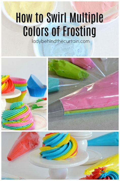 How to Swirl Multiple Colors of Frosting Rainbow Cupcakes Frosting, Cupcake Frosting Tips, Rainbow Icing, Make Cake Pops, Color Rice, Rainbow Frosting, Piping Frosting, Swirl Cupcakes, Store Bought Frosting