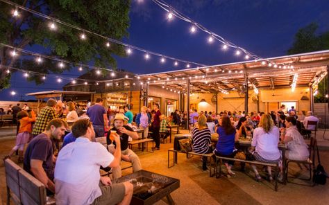 vacation ideas 2017 austin texas Warehouse Restaurant, Beer Garden Ideas, Outdoor Restaurant Patio, Bbq Garden, Restaurants Outdoor Seating, Street Mall, Food Park, Restaurant Patio, Bbq Restaurant