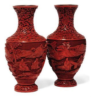 A PAIR OF CHINESE CINNABAR LACQUER VASES  CIRCA 1900. Each carved to the body with scholars and attendants amongst a mountainous landscape, the neck with lotus scrolls Mountainous Landscape, Coral Art, Chinese Pottery, Chinese Vase, Eastern Art, Red Lacquer, Korean Art, Chinese Ceramics, China Patterns