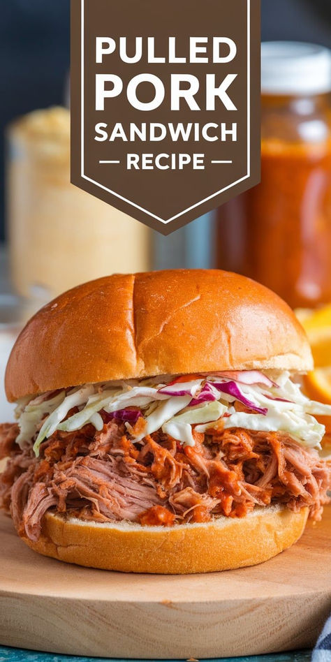 Juicy, tender pulled pork topped with zesty BBQ sauce, all sandwiched between a soft bun. This Pulled Pork Sandwich recipe is comfort food at its finest!" Leftover Pulled Pork Sandwiches, Ground Pork Sandwiches, Pulled Pork Sandwiches Recipe, Hot Pork Sandwiches, Pork Tenderloin Sandwiches Recipes, Pulled Pork Toppings, Shredded Pork Sandwich Recipes, Pull Pork Sandwich Recipes, Pulled Pork Sandwich Recipes