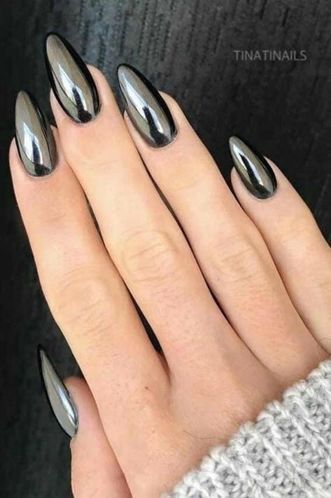 Nail Art Designs Winter, Stiletto Nail Art Designs, Black Chrome Nails, Solid Color Nails, Stiletto Nail Art, Art Design Ideas, Stiletto Nails Designs, Almond Nails Designs, Classy Nails