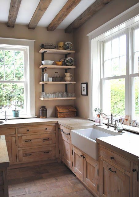 Rustic Farmhouse Kitchen rustic interior kitchen decor kitchen ideas interior decor kitchen projects kitchen decorating ideas Country Kitchen Sink, No Upper Cabinets, Rustic Country Kitchens, Rustic Kitchen Cabinets, Country Kitchen Designs, Shelves Kitchen, Farmhouse Kitchen Cabinets, Farmhouse Remodel, Camper Remodel